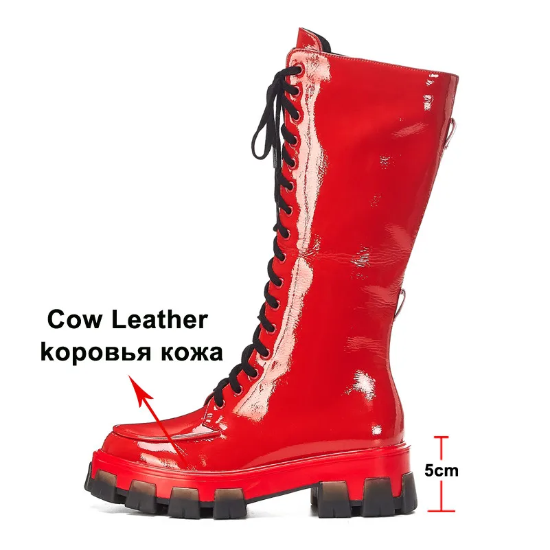 Meotina/зимние сапоги до колена; женские высокие сапоги из натуральной кожи на платформе и блочном каблуке; обувь в стиле панк на молнии; Женская Осенняя обувь красного цвета; 39