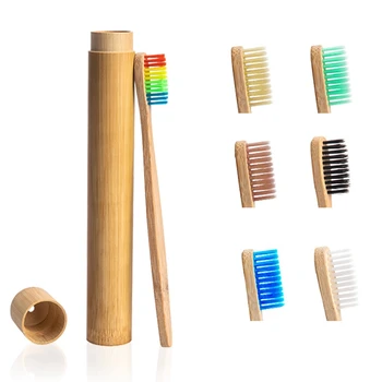 

6PCS Rainbow Toothbrush and Bamboo Tube Eco Friendly Natural Bamboo Toothbrush Travel Case Soft Head Teeth Brush