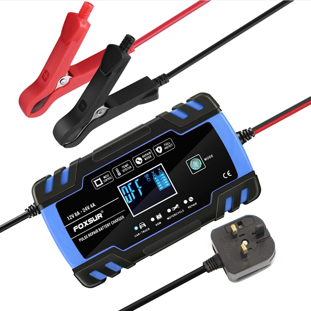 Blue UK Plug Полностью автоматическое зарядное устройство для автомобильных аккумуляторов 100 V-240 V до 12V 8A/24 V 4A умная Быстрая зарядка с ЖК-дисплеем для автомобиля мотоцикла - Цвет: Blue UK Plug