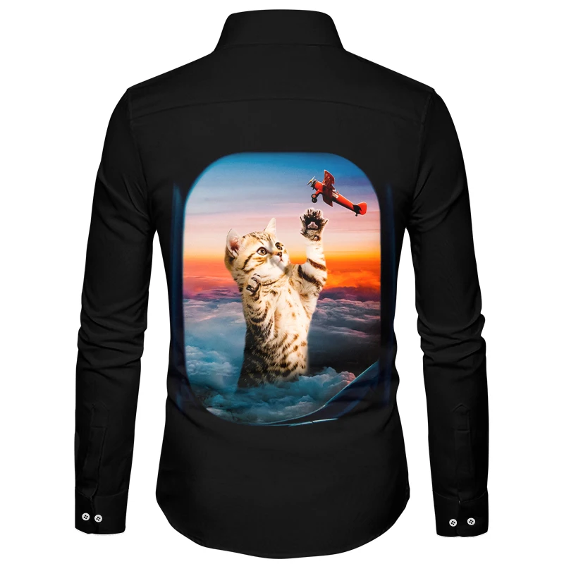 YOUTHUP повседневные мужские рубашки с 3D принтом забавных кошек Slim Fit рубашки с длинным рукавом Homme уличная модная блузка Топ 5XL