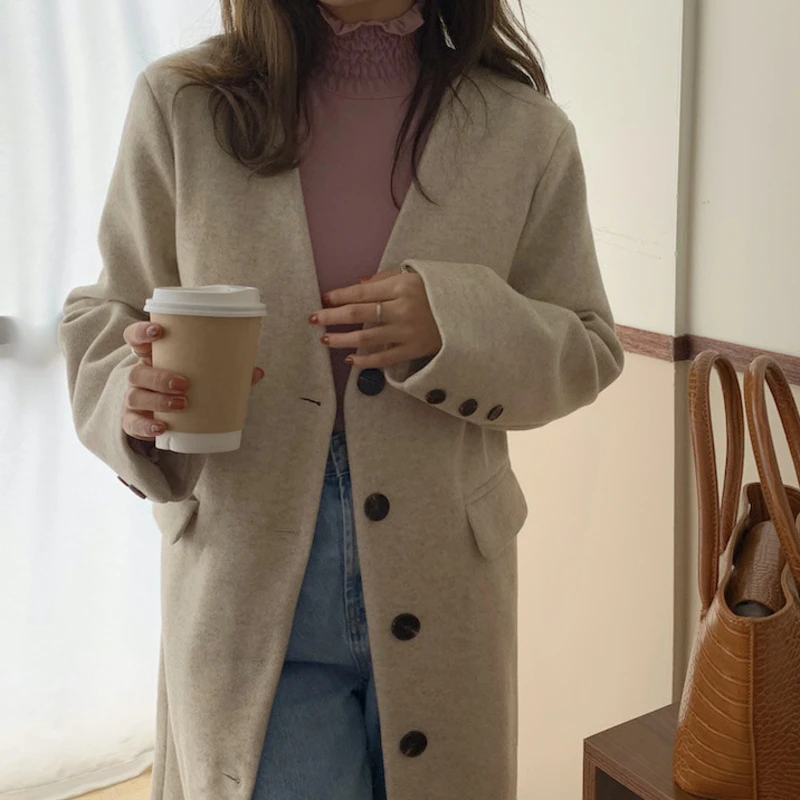 

Thermal Insulation Quality V-Neck Long Autumn And Winter Women's Suit Woolen Coat Commuter