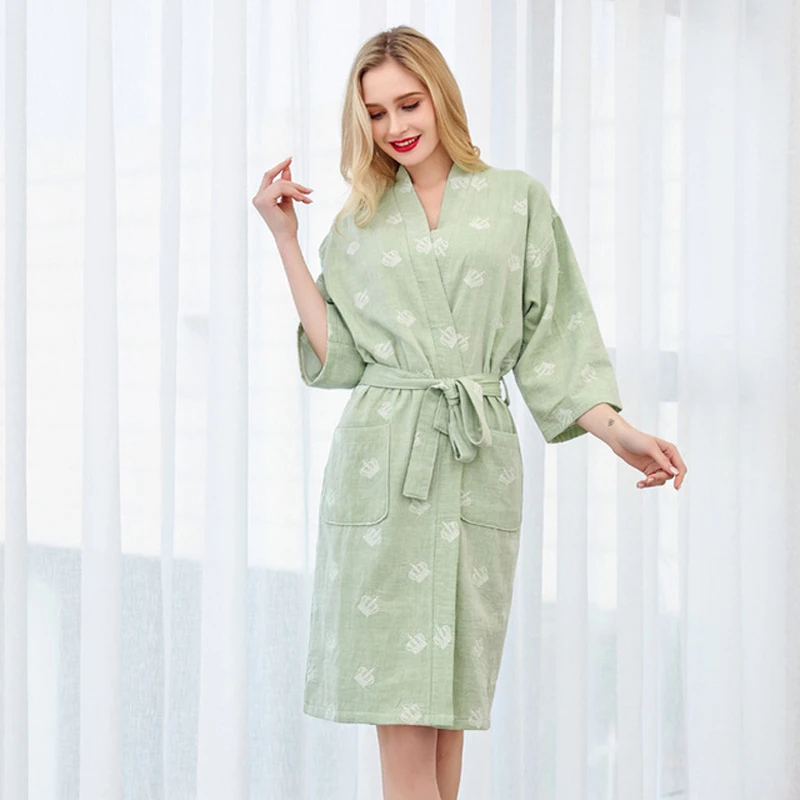 

Summer robe 100% Cotton Nightgown Sexy Bath Robe Women's Sleepwear Double deck Gauze Sleepshirts Female Home Bathrobe new 2020