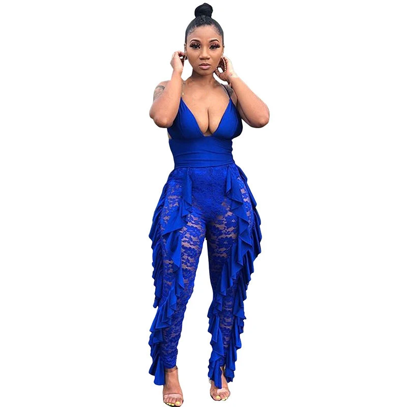 

Rompers Women Jumpsuits Sexy V-neck Spaghetti Strap Lace Stitching Playsuits Elegant Ruffles Clothes Hollow Out Party Overalls