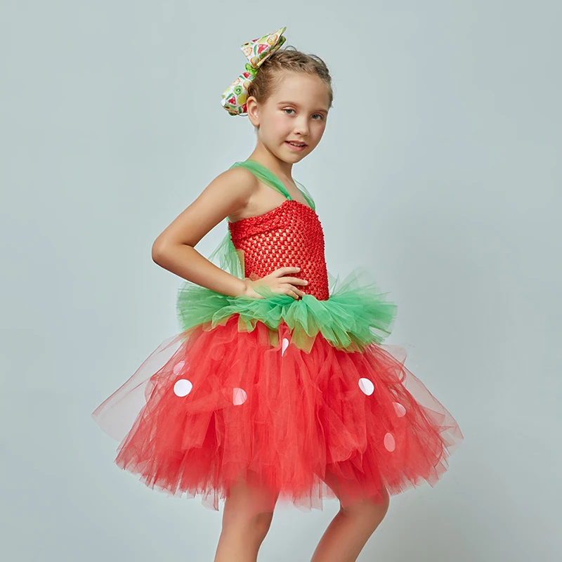 Strawberry Sweetie Costume Children Halloween Fancy Tutu Dress Girls Fruit Food Festival Tropical Party Clothing Ballet Dress