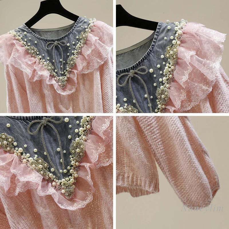 Knit Top Woman Handmade Beaded Denim Stitching