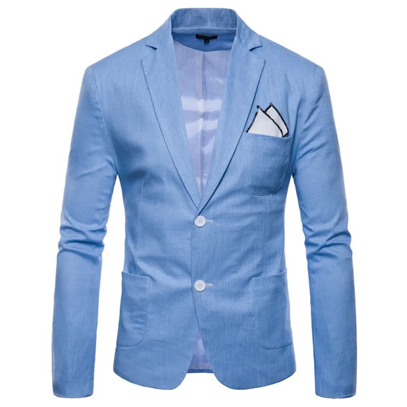 Модный хлопковый льняной летний удобный мужской блейзер s приталенный пиджак костюмы блейзеры мужской качественный повседневный костюм размера плюс 4XL - Цвет: Light blue