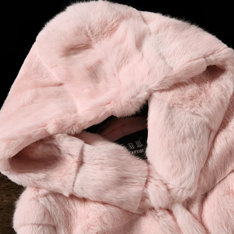 Fashion real fur coat women full sleeve wave cut genuine rabbit fur warm winter coats and jackets with a hood