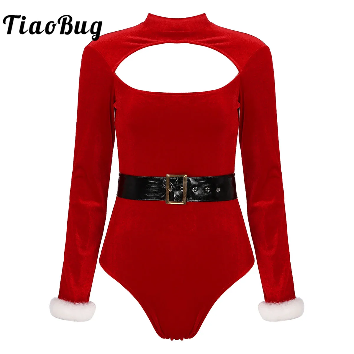 

Christmas Costumes Women Santa Cosplay Lingerie Jumpsuit Bodysuit Long Sleeves Velvet Santa Teddy Ballet Dance Leotard Red