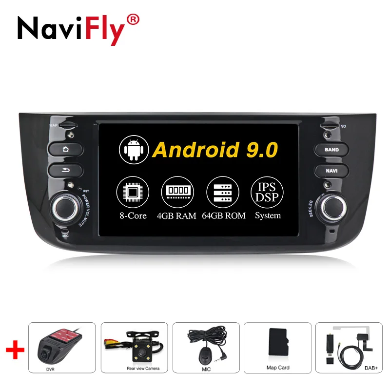 NaviFly Android 9,0 автомобильный мультимедийный плеер для Fiat/Linea/Punto 2012- поддержка gps-навигации Automotivo радио FM wifi ips DSP - Цвет: 64G camera DVR DAB