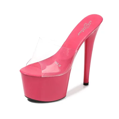 Летние домашние тапочки на тонком каблуке; женская обувь; прозрачные тапочки из ПВХ на очень высоком каблуке 17 см; пикантные шлепанцы на платформе; большие размеры 34-43; черный цвет - Цвет: Розово-красный