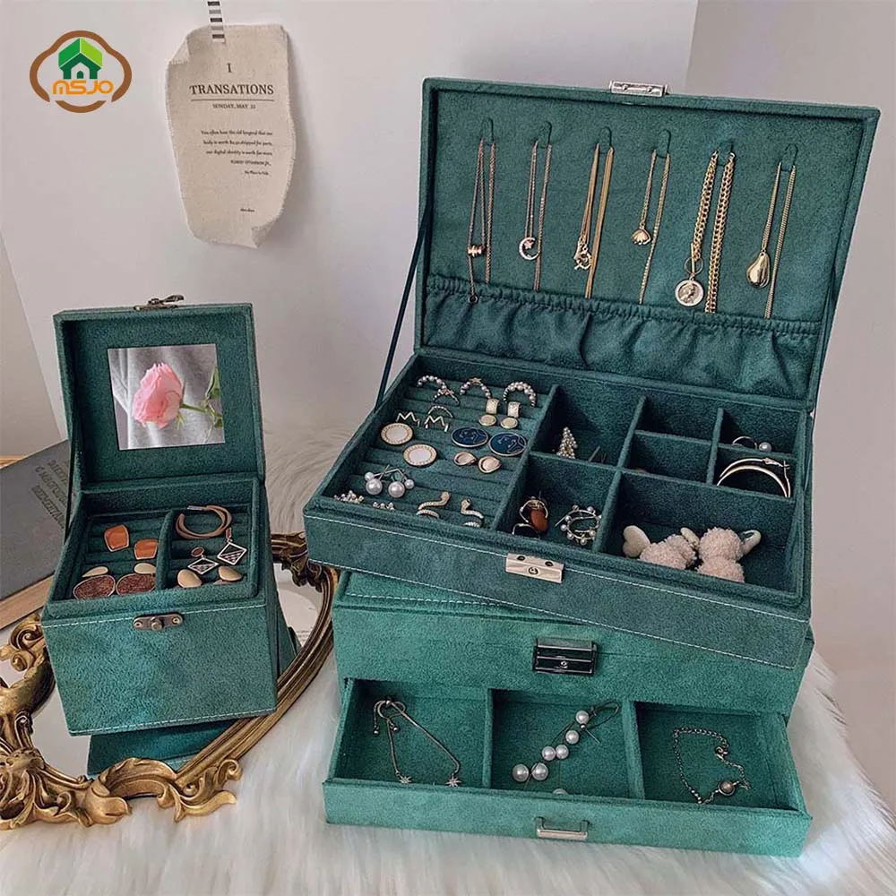 

MSJO Jewelry Box Organizer Earrings Watch Drawer Jewelry Organizer Hanging Necklace Gift Box Storage Velvet Drawer Storage Box