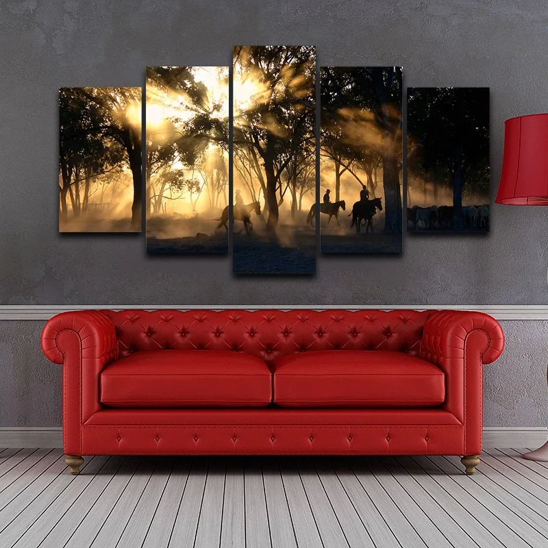 Canvas Wall Art Pictures Home Decor Living Room 5 Pieces Morning Sunrise Forest Tree Horses Painting HD Prints Posters Framework