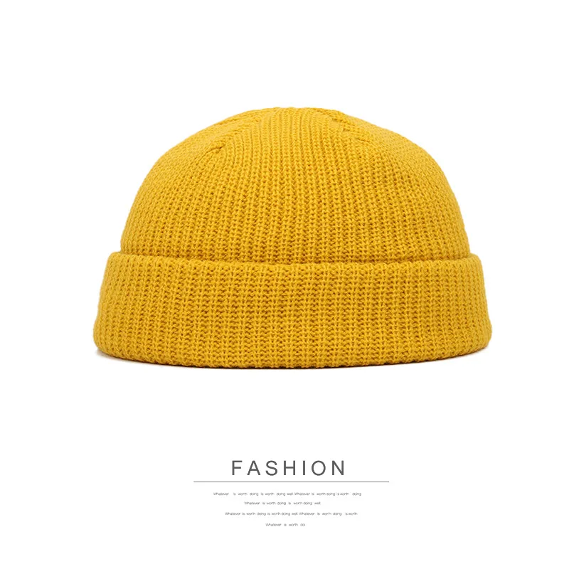 Light Yellow Лидер продаж, осенне-зимние вязаные шапки для женщин, шапка с черепом, мужская вязаная шапка, Ретро стиль, без полей, мешковатые шапки с манжетами, рыбацкие шапочки - Цвет: Light Yellow