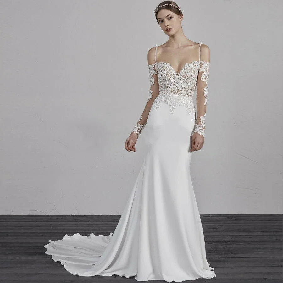 Vestido De Noiva простое платье с открытыми плечами Кружевная аппликация длинные рукава