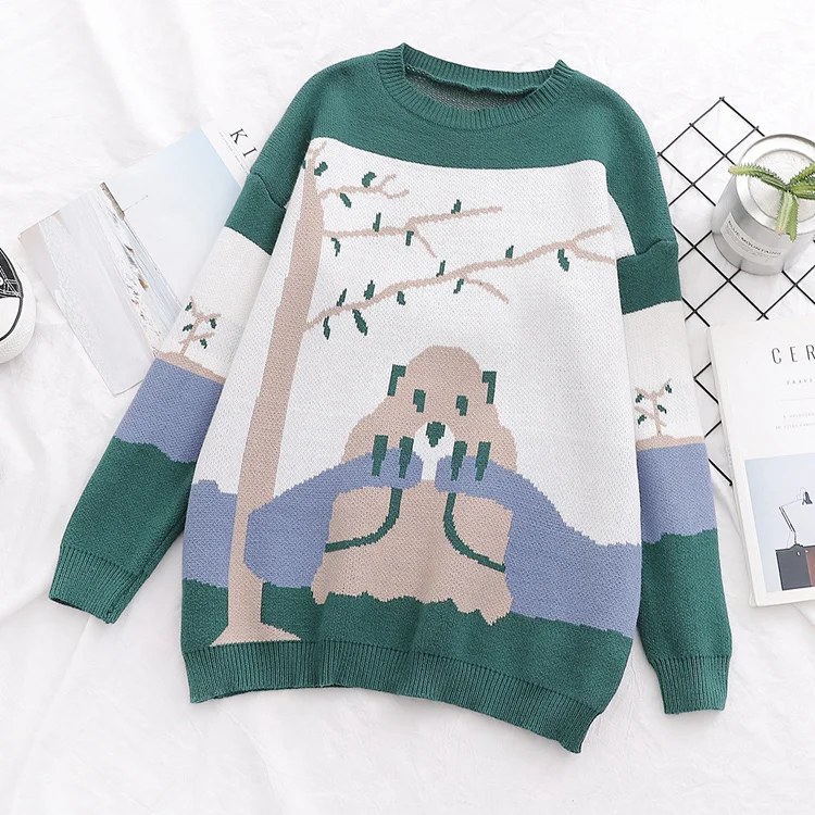 H. SA, женский свитер и джемперы с рисунком животных, зеленые Вязаные Пуловеры и вязаные топы, кавайная зимняя одежда для женщин