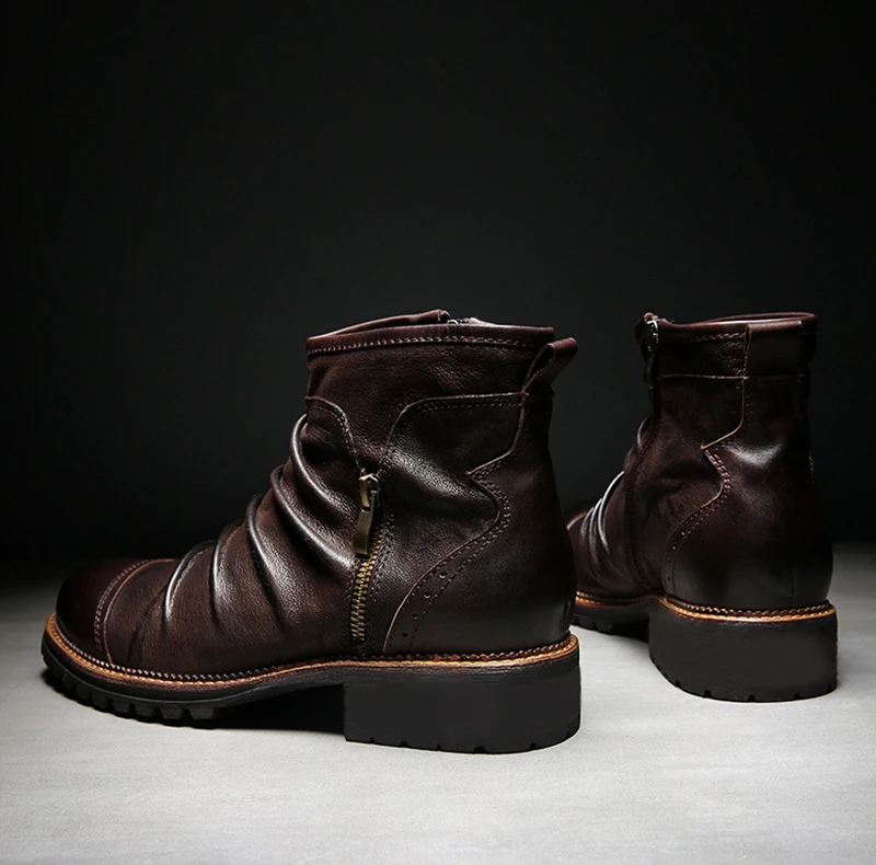 Merkmak New Autumn Men Leather Boots Fashion Retro Zipper Ankle Booties Breathable Big Size Male Motorcycle Boots Party Shoes