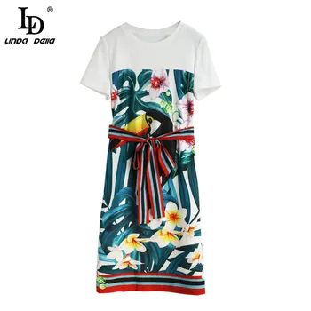 

LD LINDA DELLA Elegant Summer Dress Fashion Runway Women Shirt Patchwork Bow Sashes Print Crystal Ladies Mini Dresses