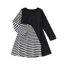 Детские платья; коллекция года; Модная одежда для девочек; платье в черно-белую полоску; элегантная детская одежда с длинными рукавами
