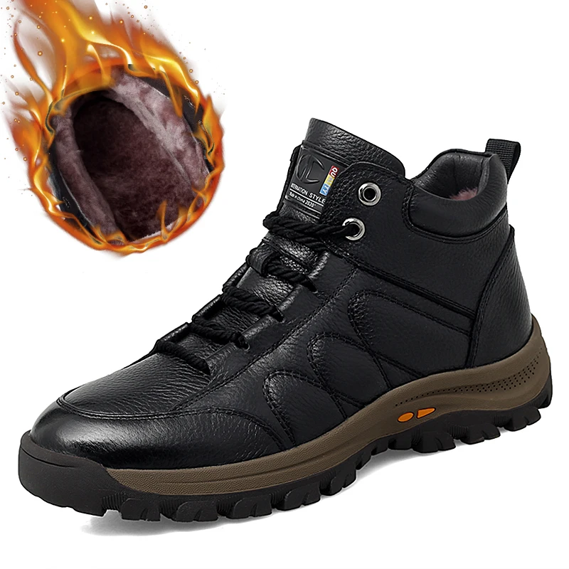 Ботинки наивысшего качества; мужские зимние ботинки из натуральной кожи высокого качества; теплые плюшевые зимние ботинки до щиколотки; уличная зимняя обувь для мужчин - Цвет: Черный