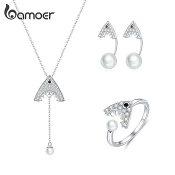 

bamoer Authentic 925 Sterling Silver Jewelry Set Animal Wild Shark Pearl Ring & Earrings & Necklace Party Jewel Set Women GUS172