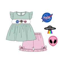 Vêtements d'été pour filles, haut à manches courtes et Short à carreaux rose, soucoupe volante et broderie extraterrestre, tenues pour tout petits filles