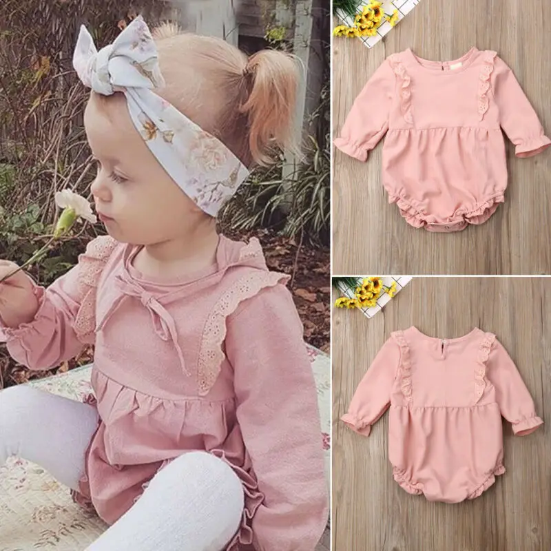 

CANIS Newborn Baby Girls Clothes 2019 Autumn Long Sleeve Lace Patchwork Solid Color Bodysuit Jumpsuit Overall Outfit 0-24M
