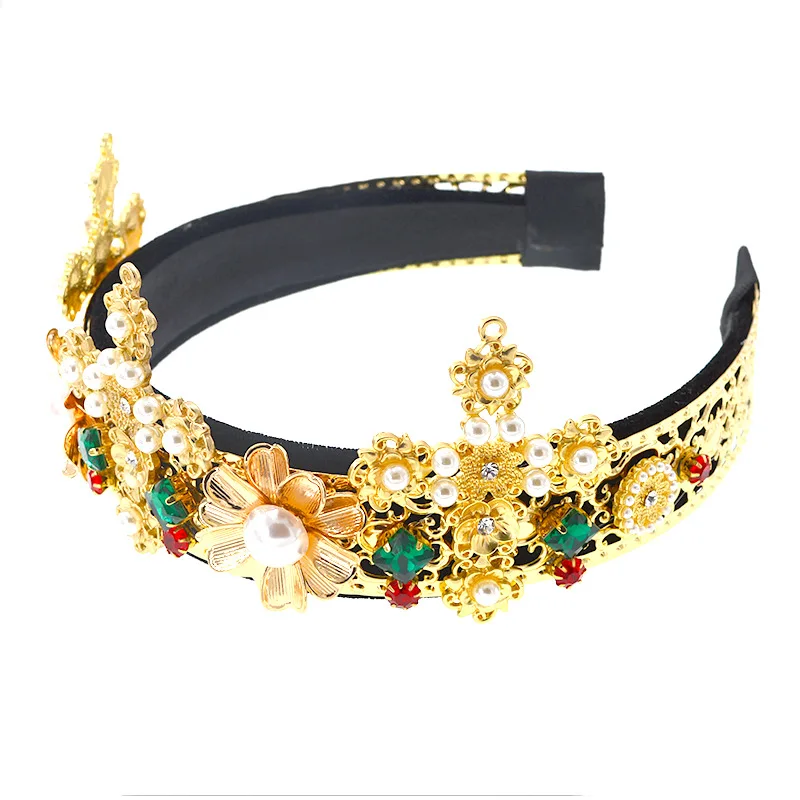 Fashion Elegant European Vintage Baroque Big Headband Crystal Rhinestone Hairbands Metal Flower Crown Pearl Wedding Hair Jewelry