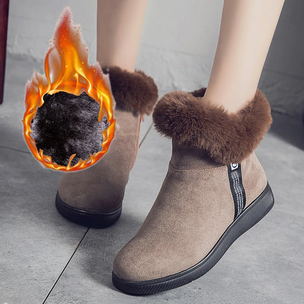 Зимняя Теплая обувь на плоской подошве с мехом; зимние женские ботильоны из флока; женские зимние короткие ботинки; теплая обувь