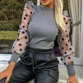 

2020 Fashion Trend Women's Ladies Ribbed Spotted Polka Dots Mesh Puff Sleeve Jumper Top Autumn Pre-fall New Casual Tops Tees