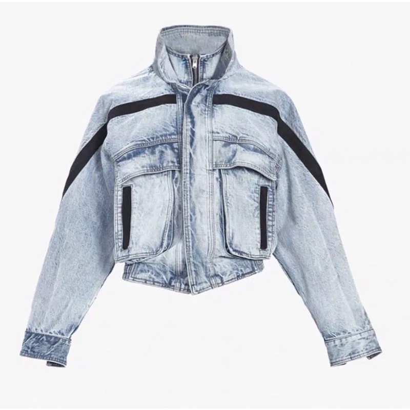 KIOVNO High Street мужские модные короткие джинсовые куртки и пальто спереди с большими карманами стоячий воротник джинсовые куртки для мужчин Уличная одежда