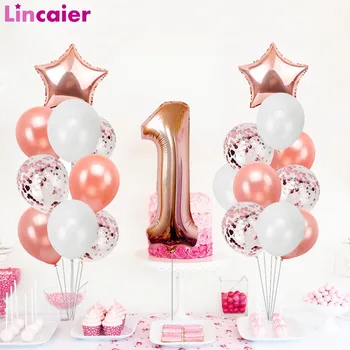 

21pcs Rose Gold Foil Number Balloon Confetti Latex Balloon 1st Birthday Party Decorations First Baby Baby Girl Boy My 1 One Year