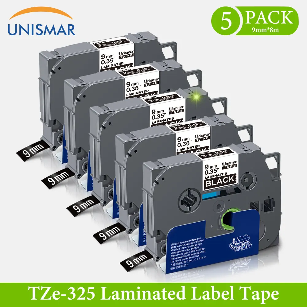 Unismar 5PK tze325 TZe-325 tz325 белая на черной ленте для этикеток совместимая с Brother tze лента 9