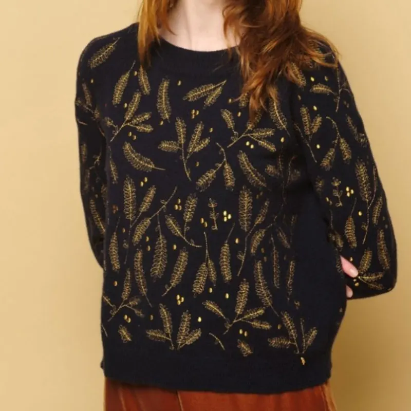 Wool Gold Silk Leaves Lurex Embroidery Leaves Warm Round Neck Knitted Sweater