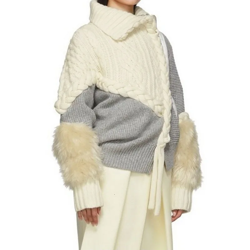 Новая мода осень зима контрастный цвет водолазка с длинным рукавом лента молния неровный Свободный вязаный свитер женский Q296