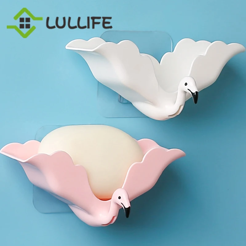 

Flamingo Soap Boxes Wall Hooks Drain Soap Rack Sponge Storage Holder Soap Wall Hanging Rack Door Wall Decor Bathroom Accessories