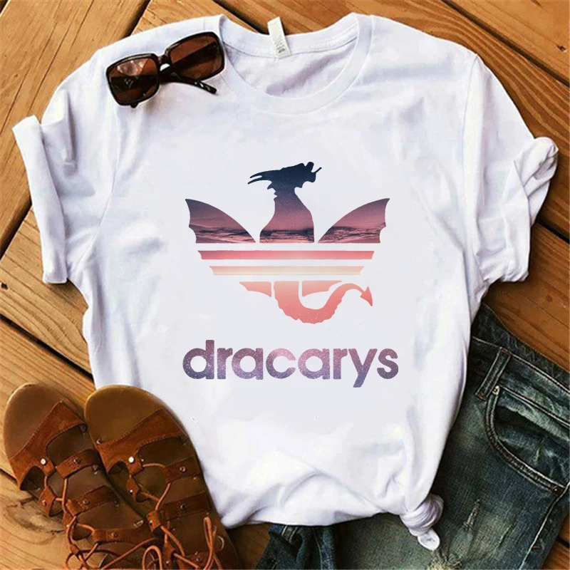 Showtly Dracarys GAME OF THRONE Female T Shirt Women Summer Dragon Print White Casual Plus Size Streetwear Fashion T shirt