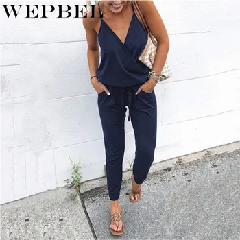 

WEPBEL Women's Jumpsuit Casual Female Jumpsuit Solid Color Lace-Up Pocket Halter Strap Wild V-Neck Jumpsuit Trousers