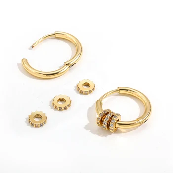 New Trendy Small Round Stainless Steel Hoop Earrings with Zircon Stone Triple Band Pendant Earrings Ear Buckle Huggies Jewelry