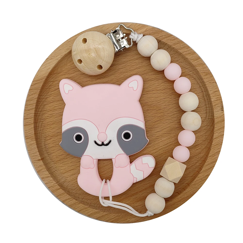 teether and chain Енотовый детский прорезыватель, набор с зажимом и цепочкой, силиконовые аксессуары для прорезывания зубов, детский силиконовый прорезыватель, прорезыватель, держатель для соски - Цвет: teether and chain
