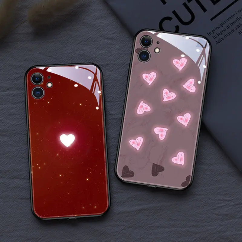 Love Heart Mobile Phone Case For Iphone 12 11 Pro XS MAX SE 7 8 Plus XR LED 6 Kinds Of Light Color Change Shockproof Glass Coque