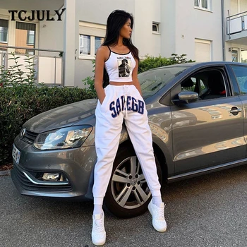 

TCJULY New Design Letter Print Sweatpants Women High Waist Drawstring Casual Trousers Streetwear White Jogger Pants With Pockets