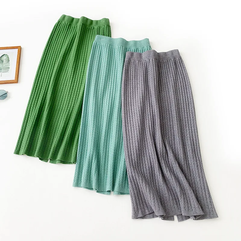 INNASOFAN Knitted Skirt Women Autumn Spring Long Skirt High Waist Fashion Elegant Solid Color Skirt