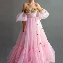 Pink A-line Cape Sleeves Evening Dresses Off Shoulder Tulle Floral Appliques Prom Gown Formal Party Vestido De Festa Custom Made