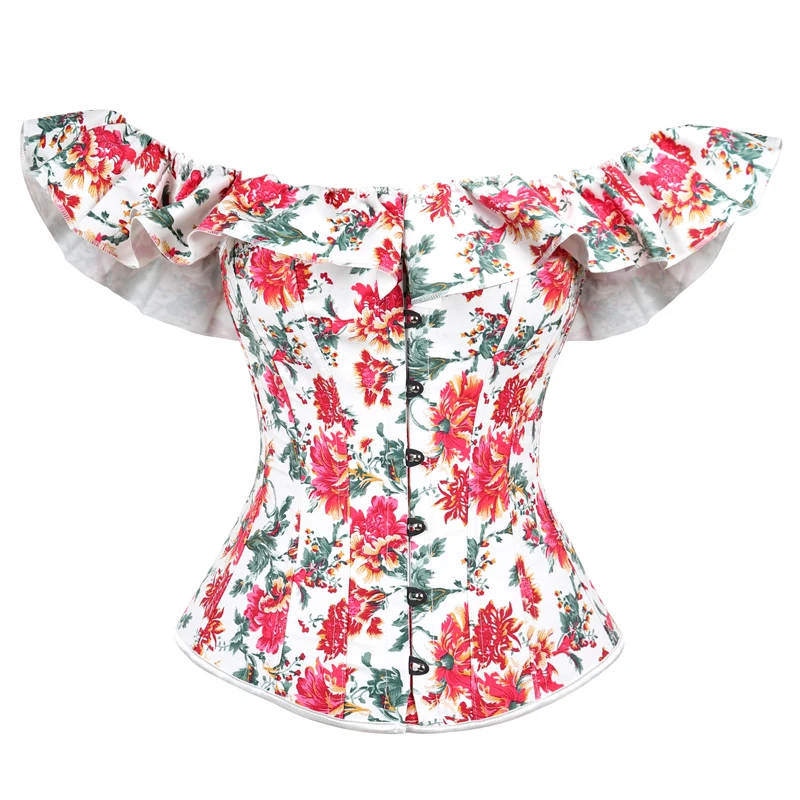 

2019 Fashion Floral Corset Top Women's Sexy Ruffles Off Shoulder Overbust Corsets and Bustiers Plus Size Lingerie корсет