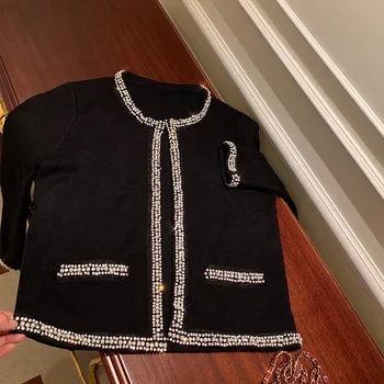 

New Handmade Knitted Short Jacket with Diamond Pearls for Spring and Summer Heavy Industry