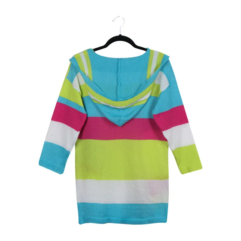 Multicolored Panelled Stripes Women Knitted Sweaters Hooded Long Sleeves Loose Long Knitting Cardigan Coats Girls Casual Sweater