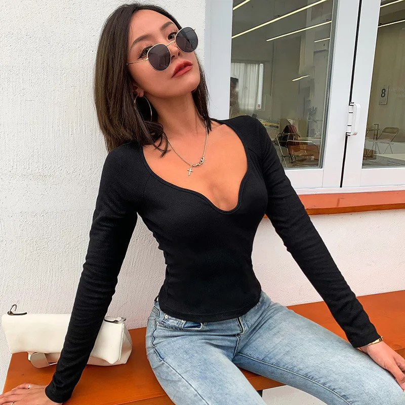 

Backless T-Shirt Women Sexy Solid Color Deep V-Neck Top Autumn Casual Long Sleeve Stretch Base Shirt Pullover Clothing For Women