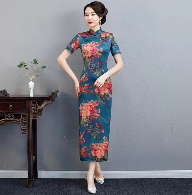 Платье с цветочным принтом женские современные Qipao платье размера плюс 3XL-5XL Новинка Cheongsam классический длинное платье Винтаж Кнопка китайские платья - Цвет: Style D