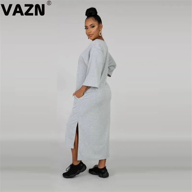 VAZN ARM8146, Осеннее, уличное, натуральное, ленивое, энергетическое, повседневное, молодежное, модное, 2 цвета, половина рукава, женское, прямое, мягкое, миди платье