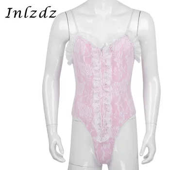 

Mens Sissy Crossdresser Lingerie Bodysuit Spaghetti Shoulder Straps High Cut Ruffle Lace Teddy Bodysuit Nightwear Sexy Sleepwear